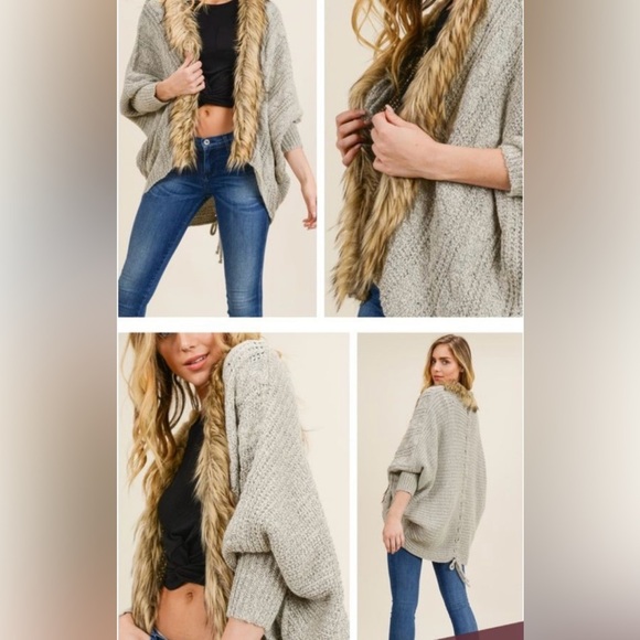 Do & Rae Cardigan with faux fur collar Size small-color taupe - Picture 2 of 12